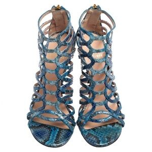 Stuart Weitzman Blue Python Embossed Leather Strappy Sandals